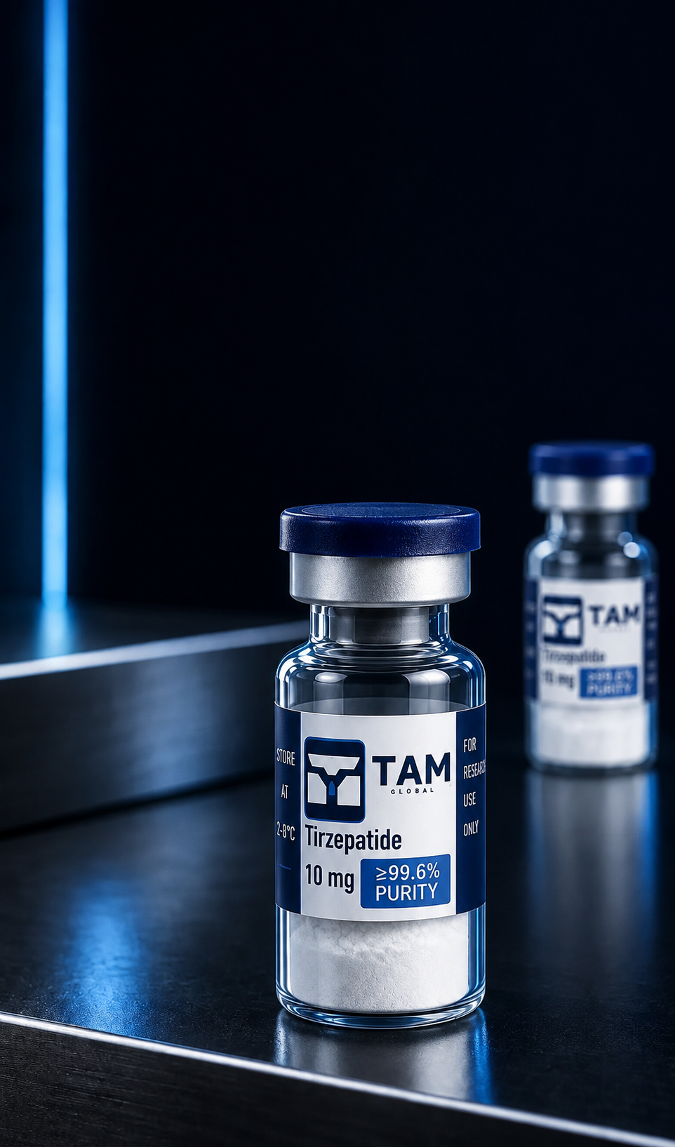 TAM Global Tirzepatide 10 mg research vial under Molecular Electric Blue laboratory light